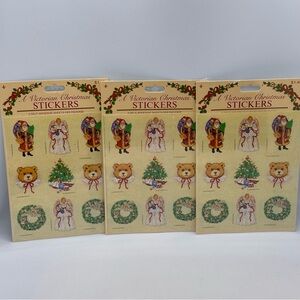Set of 3 1990 Gibson Victorian Christmas Stickers Sealed Angel Bear Santa Tree+